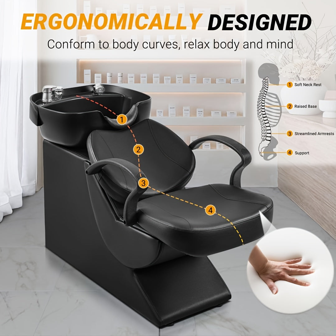 Black ergonomic hair salon backwash unit with features highlighted on a white background