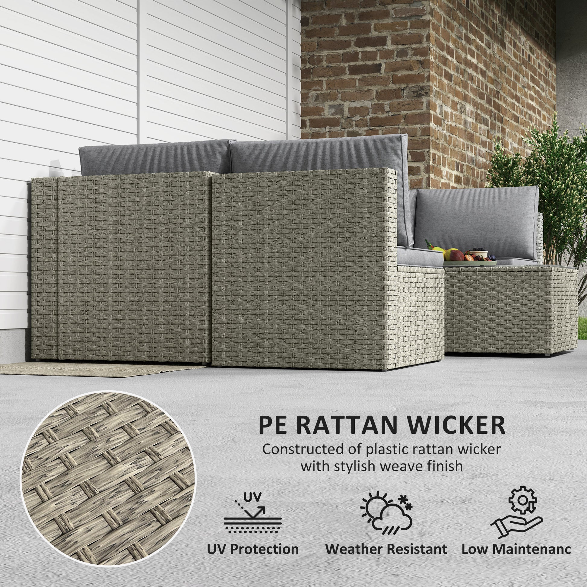 Outdoor furniture set with PE rattan wicker construction, featuring a brick wall and white wall background.