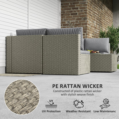 Outdoor furniture set with PE rattan wicker construction, featuring a brick wall and white wall background.