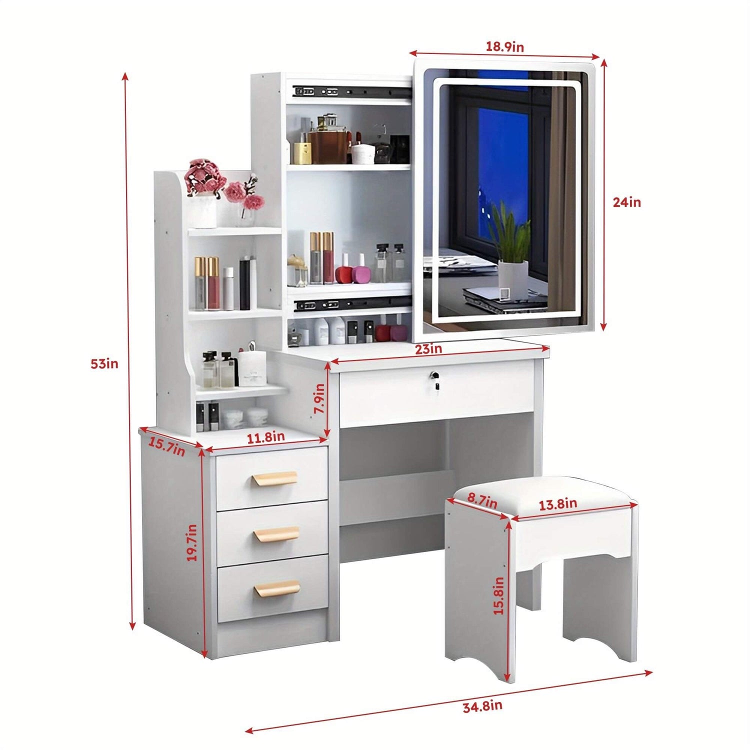 White vanity desk with mirror and dimensions on a white background