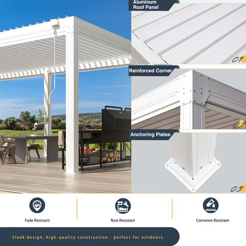 Different components and parts of a modern pergola