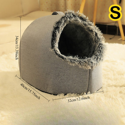 Gray cat cave bed with dimensions on a soft surface