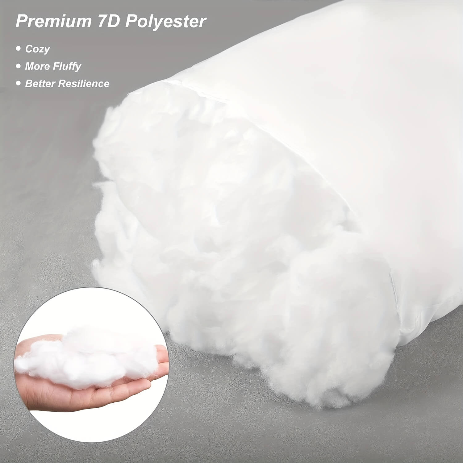 White pillow with fluffy texture on a gray background, featuring text about premium 7D polyester.