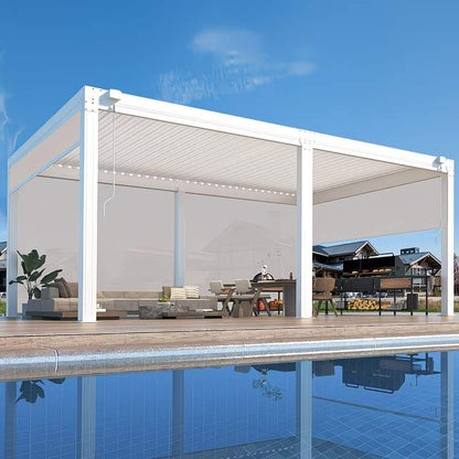 Outdoor patio with white pergola, furniture, and pool area.
