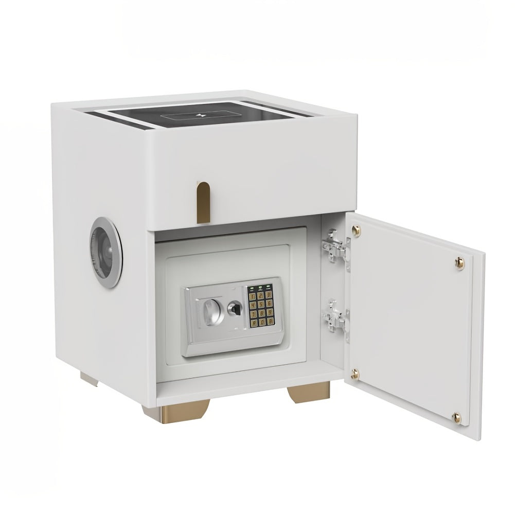 White modern nightstand with safe with open door on a white background