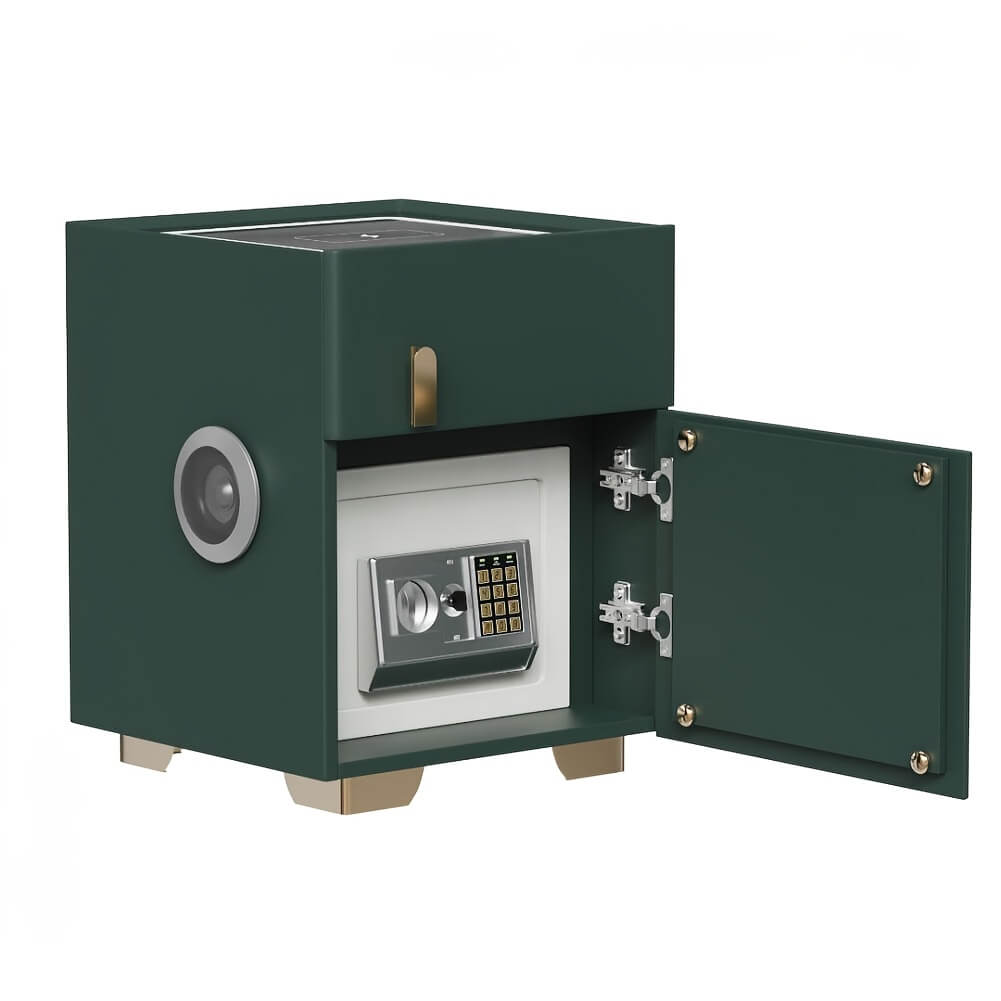 Green modern nightstand with safe with open door on a white background