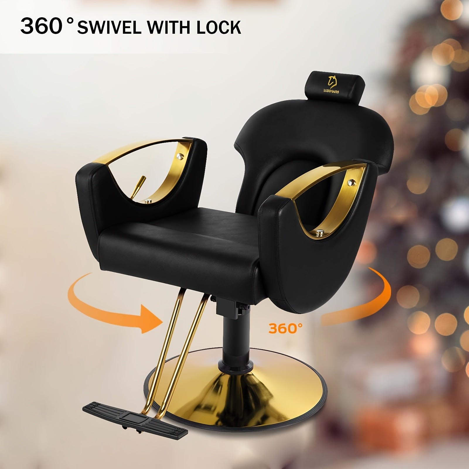 Black and gold reclining barber chair with 360-degree swivel feature on a blurred background