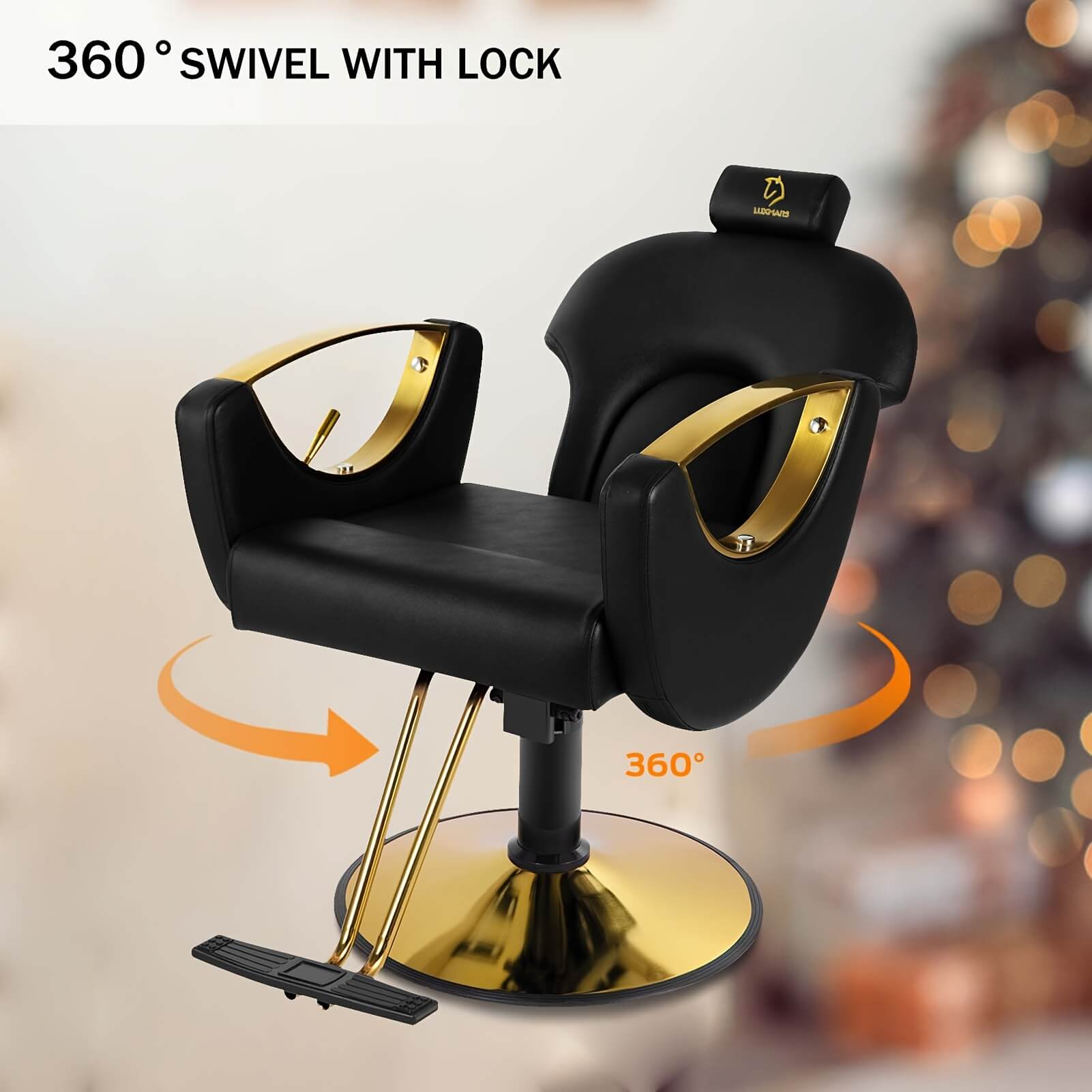 Black and gold reclining barber chair with 360-degree swivel feature on a blurred background