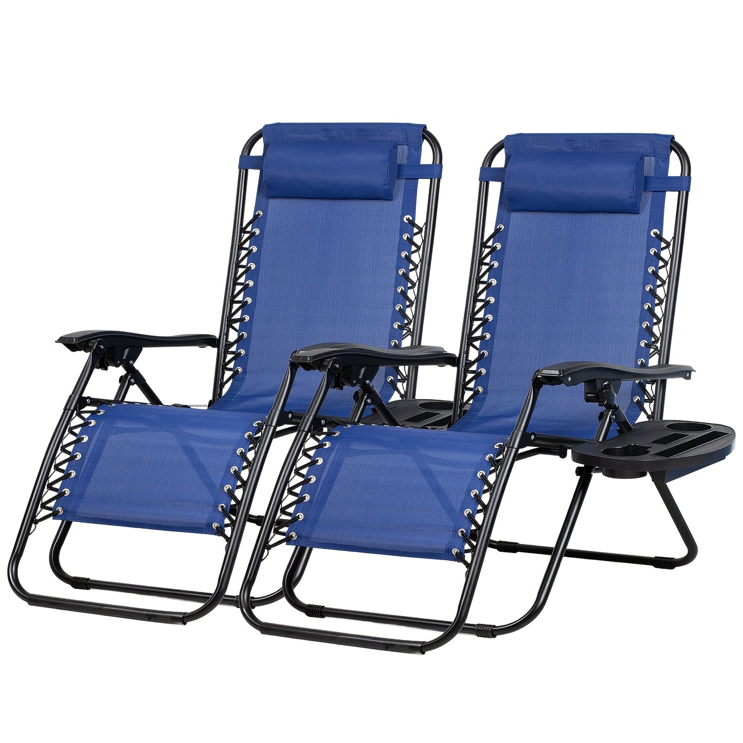 Two blue lounge chairs with black frames on a white background