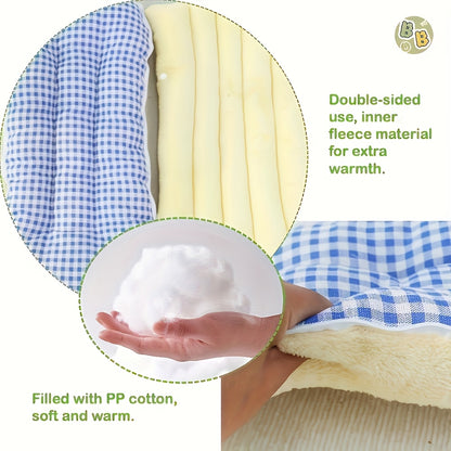 Blue and white checkered wool cat cave with fleece lining and PP cotton filling, showing texture and warmth.