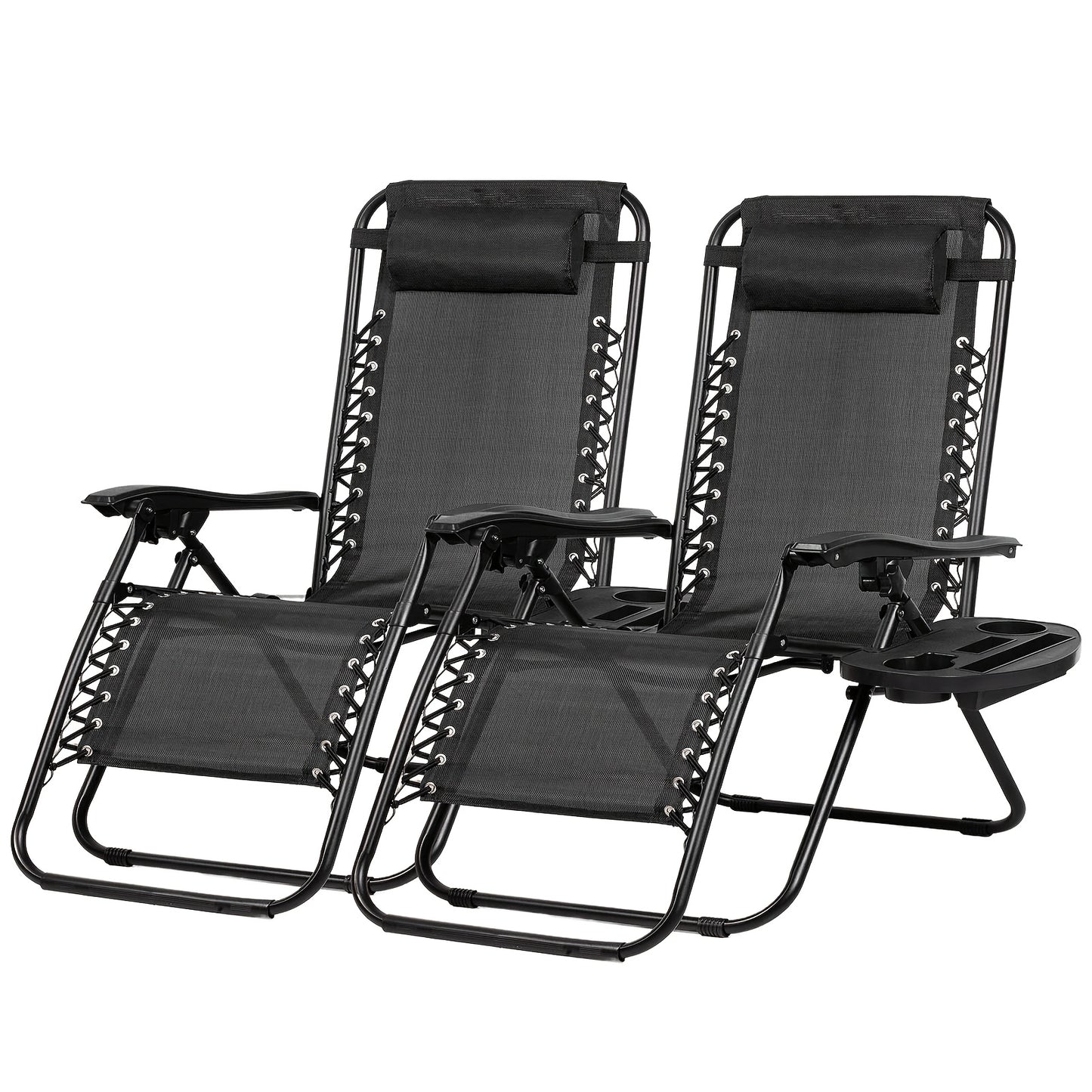 Two black zero-gravity lounge chairs with armrests on a white background