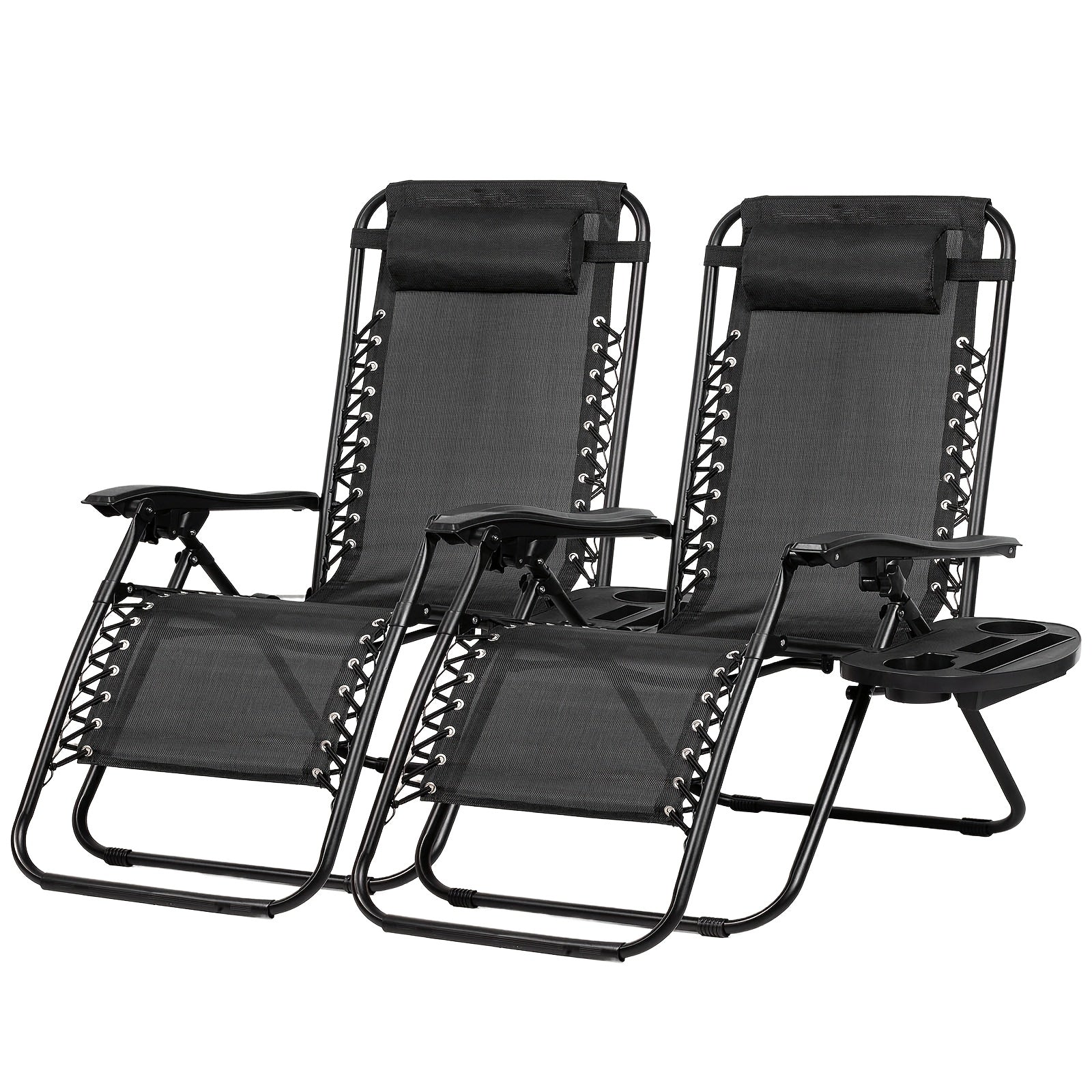 Two black zero-gravity lounge chairs with armrests on a white background