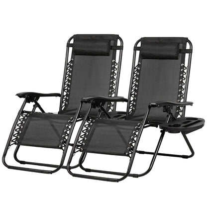 Two black zero-gravity lounge chairs with armrests on a white background