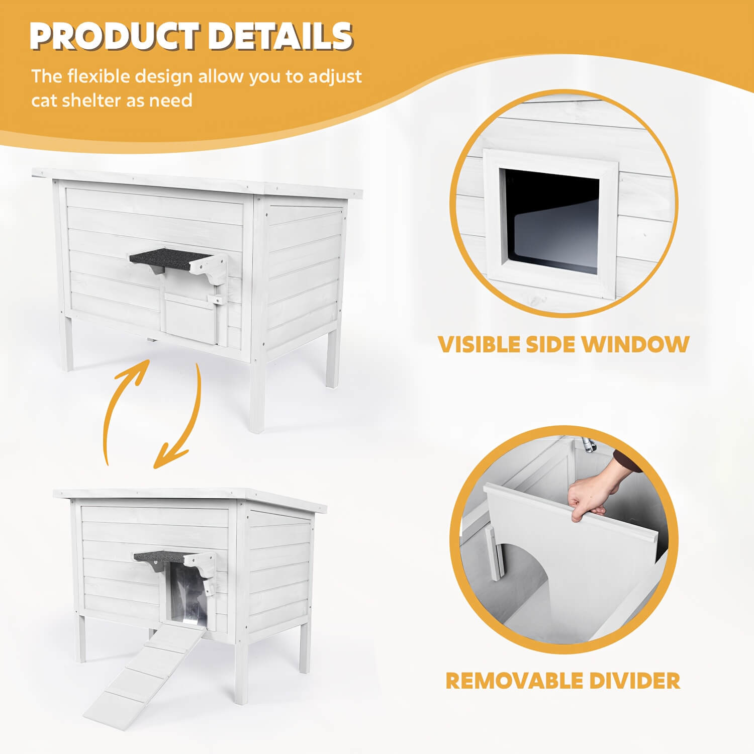 Cat shelter with adjustable design features, including a visible side window and removable divider.
