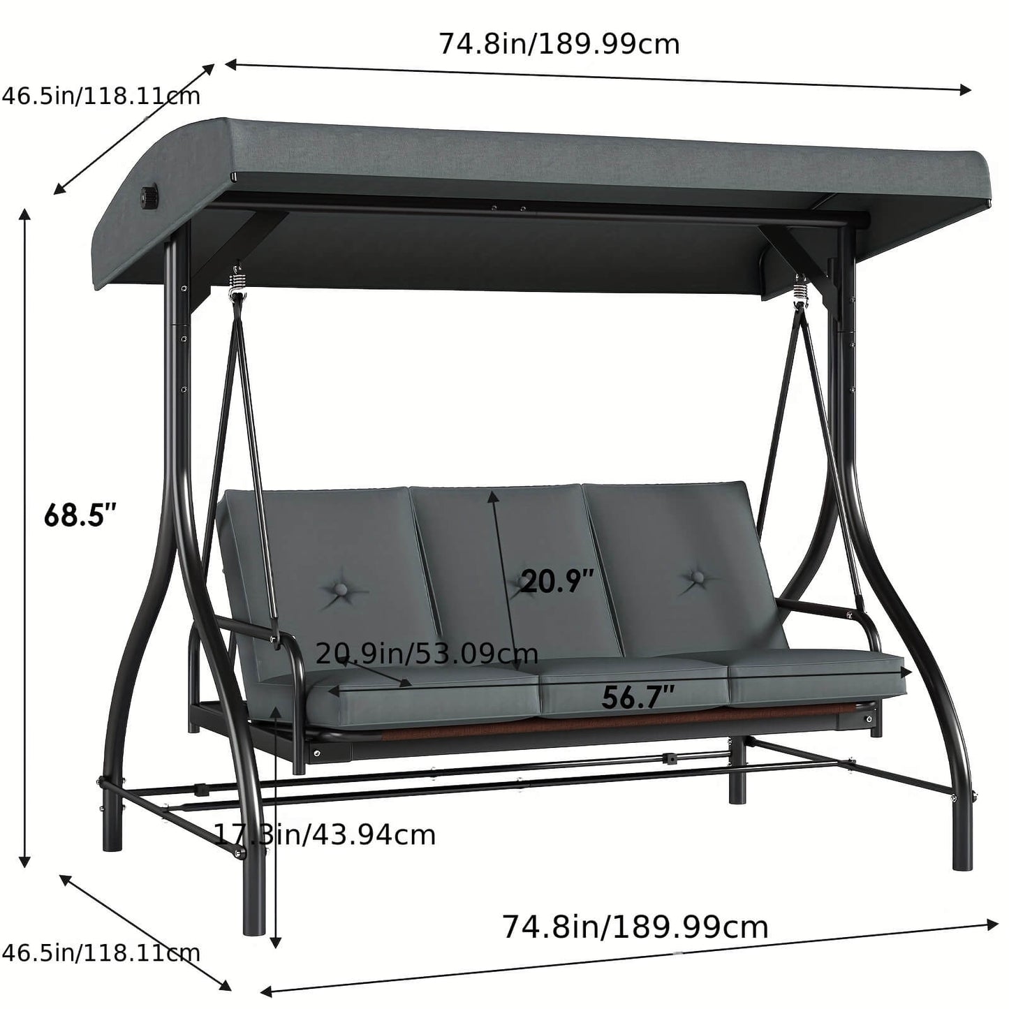 Gray swing chair with canopy and dimensions labeled on a white background