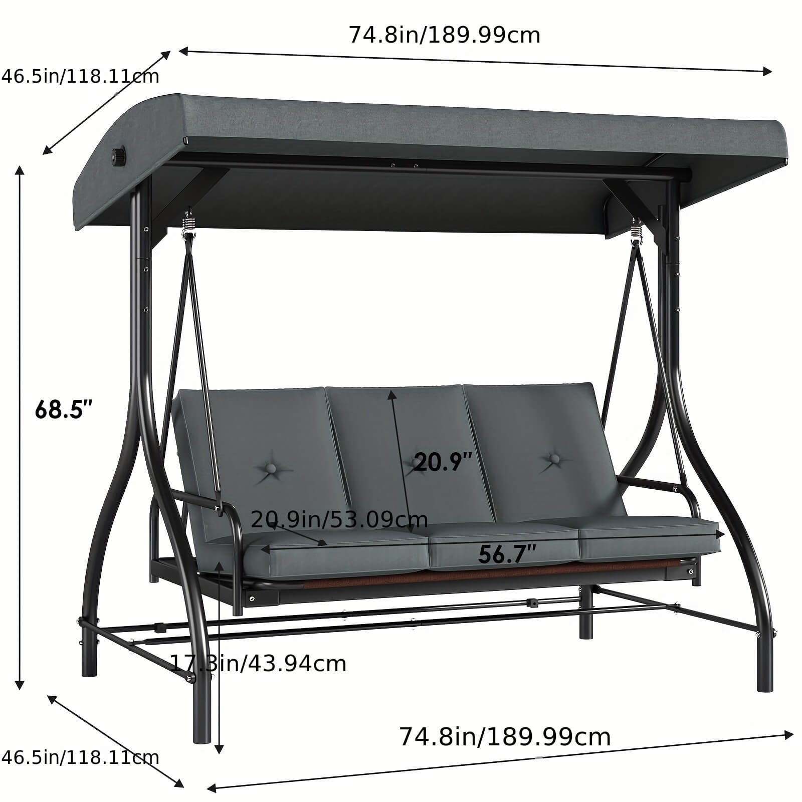Gray swing chair with canopy and dimensions labeled on a white background