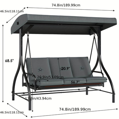 Gray swing chair with canopy and dimensions labeled on a white background