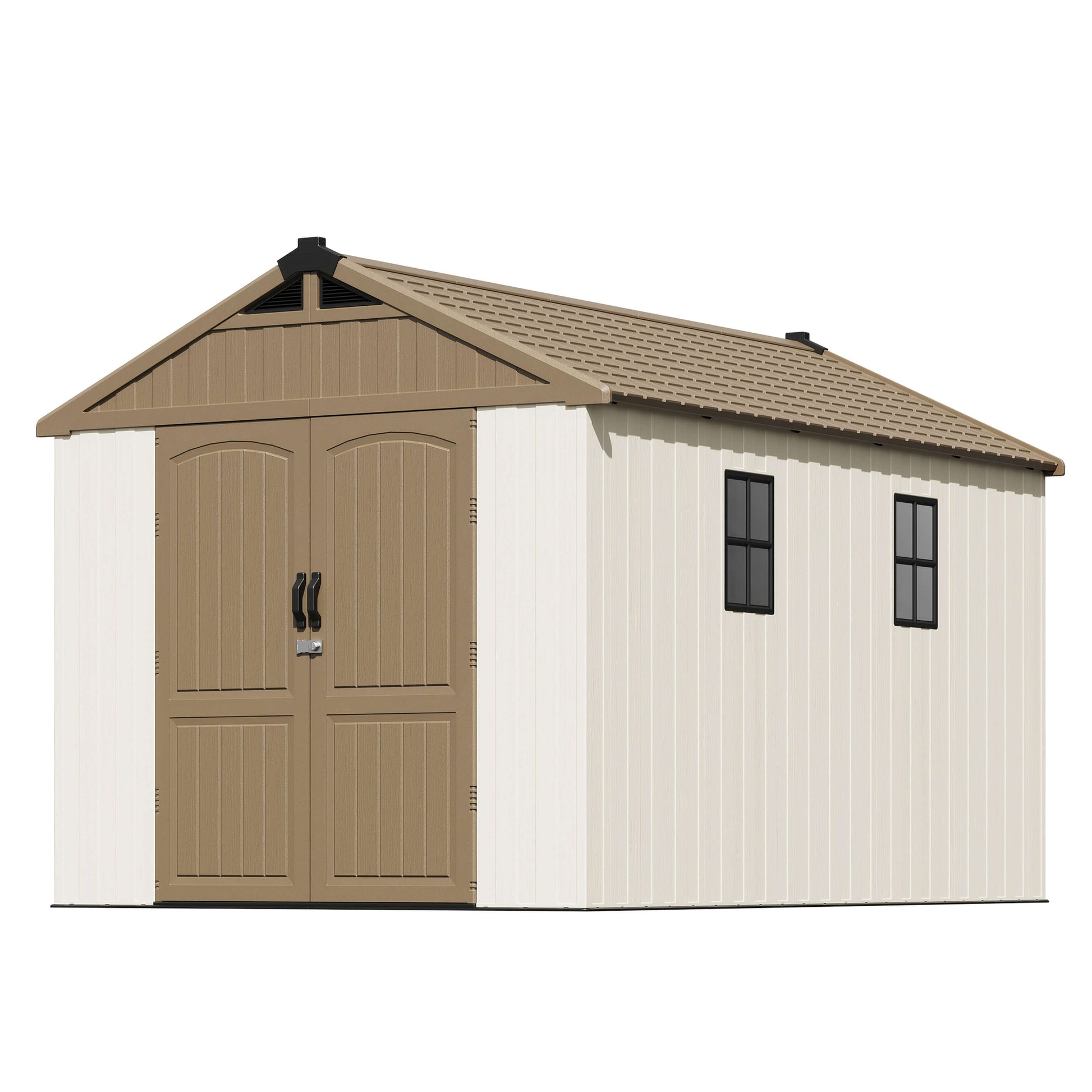 Resin outdoor storage shed with brown doors and beige roof on a white background