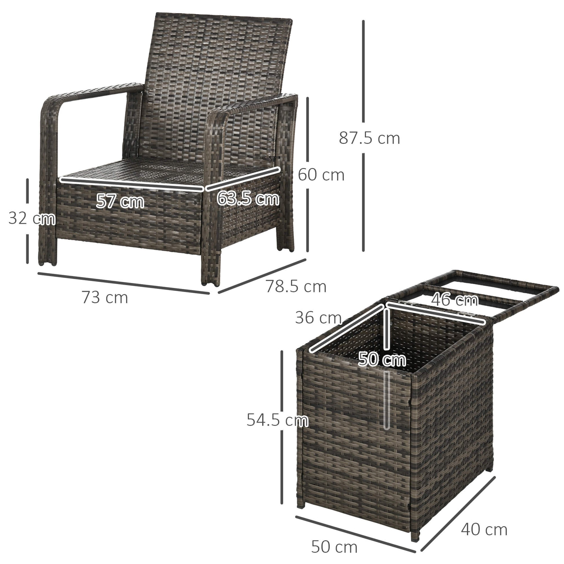 Wicker chair and table set with dimensions on a white background