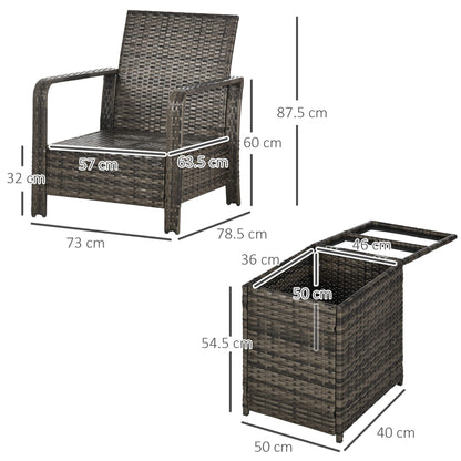 Wicker chair and table set with dimensions on a white background