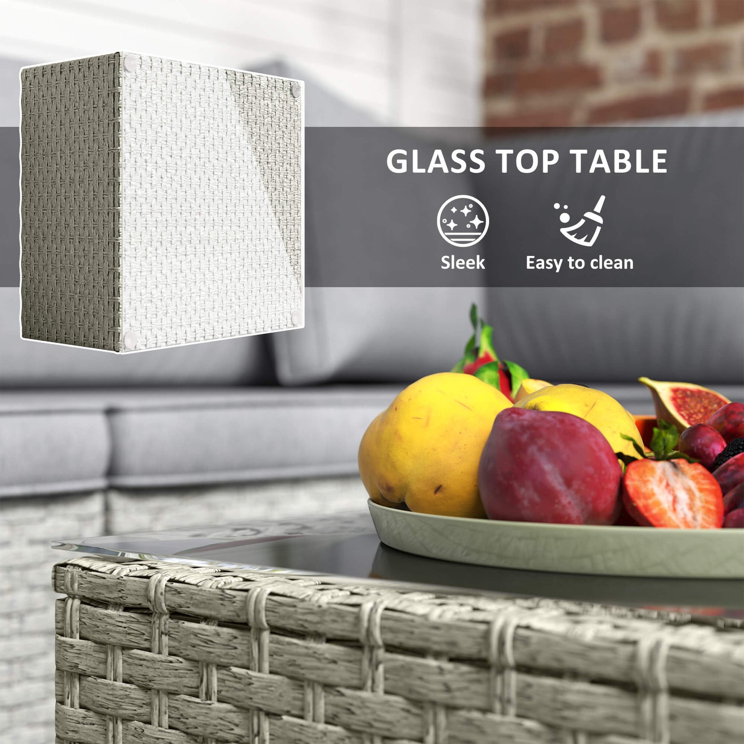 Glass top table with a fruit plate and a lamp in a living room setting