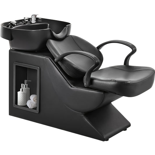 Black hair salon backwash unit with sink and shampoo bottles on a white background