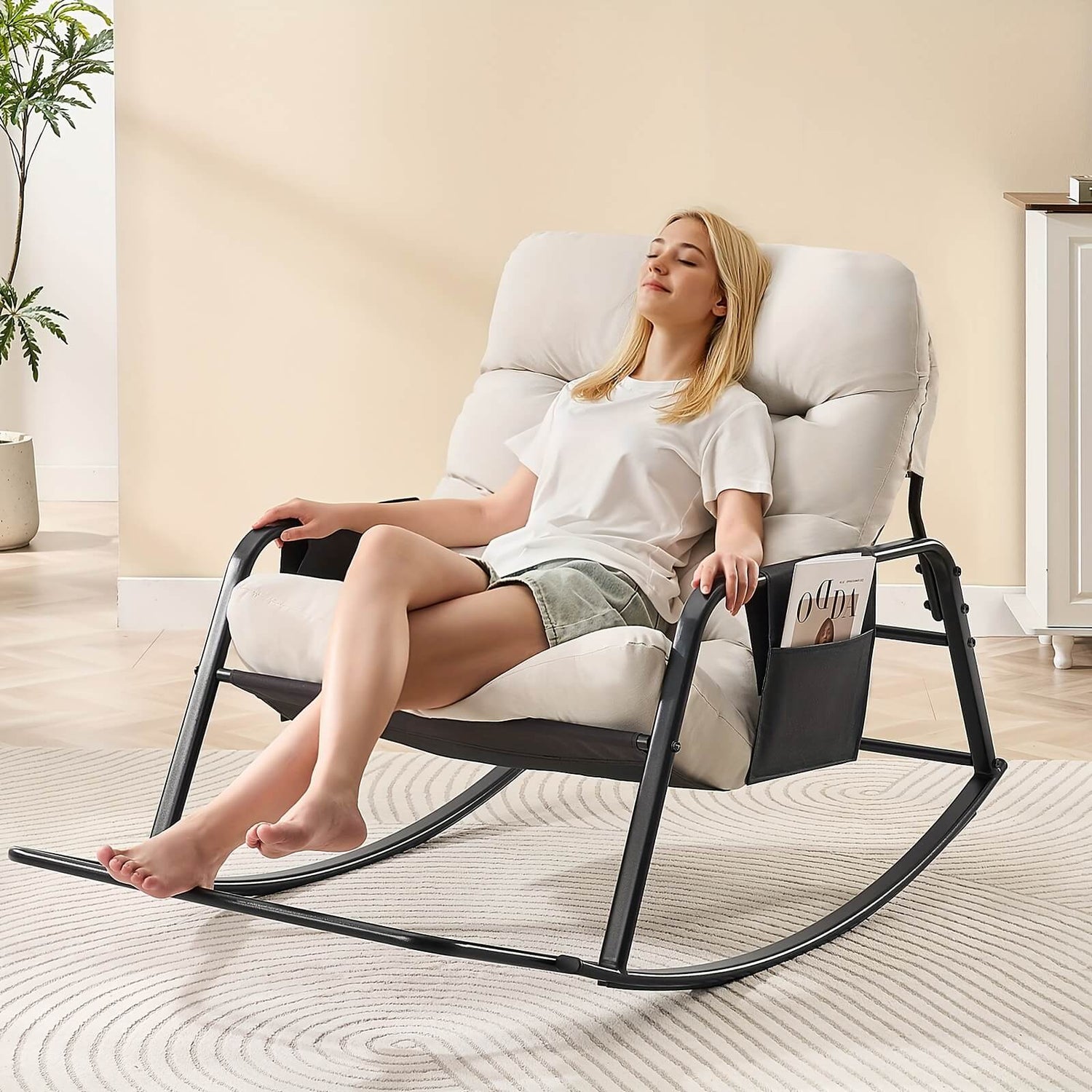Woman relaxing in a modern rocking chair in a home setting