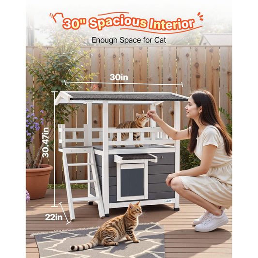 Cat house with dimensions and a woman interacting with cats outdoors