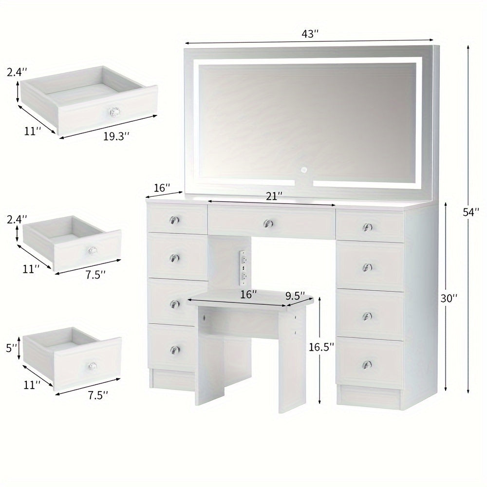 White vanity desk with mirror and dimensions labeled
