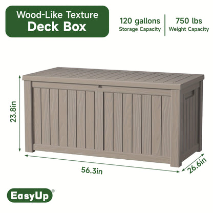 Wood-like texture outdoor storage box with dimensions and capacity details on a white background