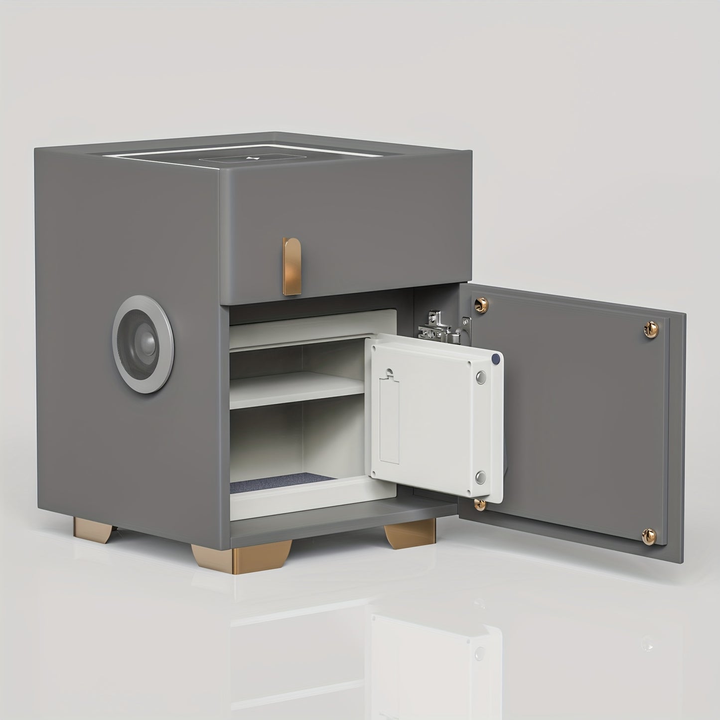 Gray modern nightstand with safe with open door on a light gray background