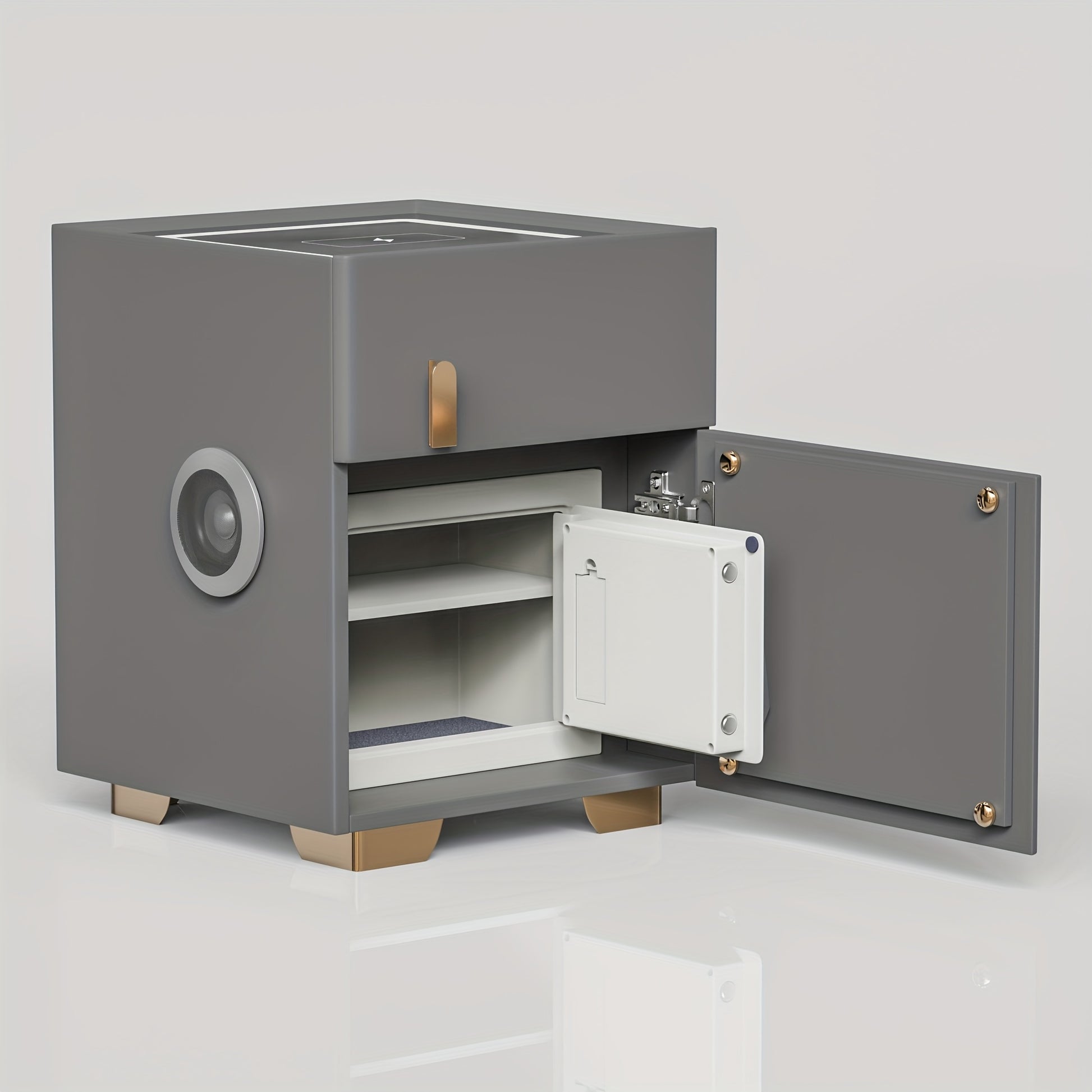 Gray modern nightstand with safe with open door on a light gray background