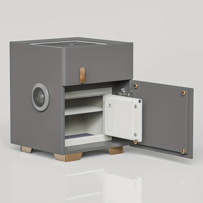 Gray modern nightstand with safe with open door on a light gray background