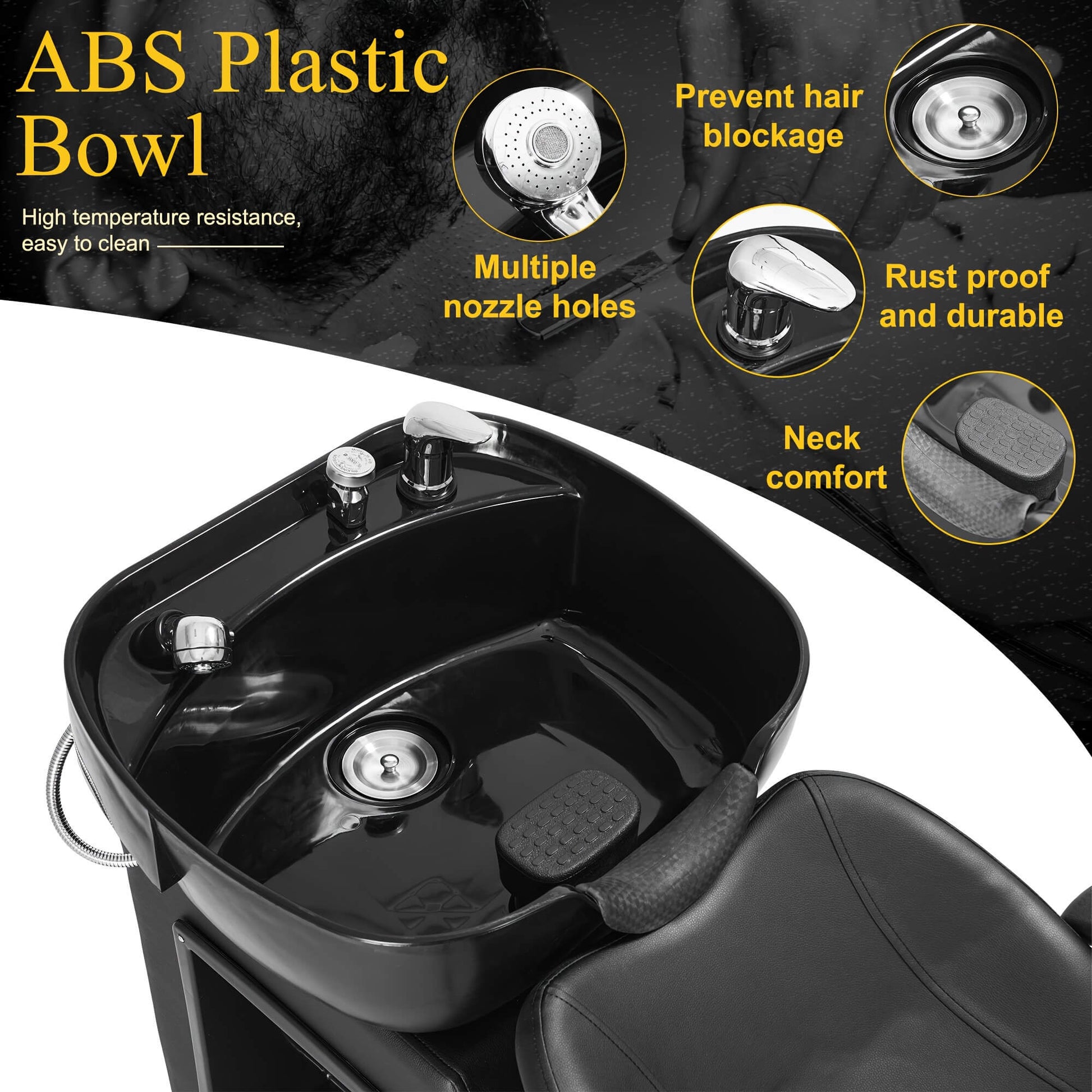 Black professional backwash unit with features highlighted on a white background