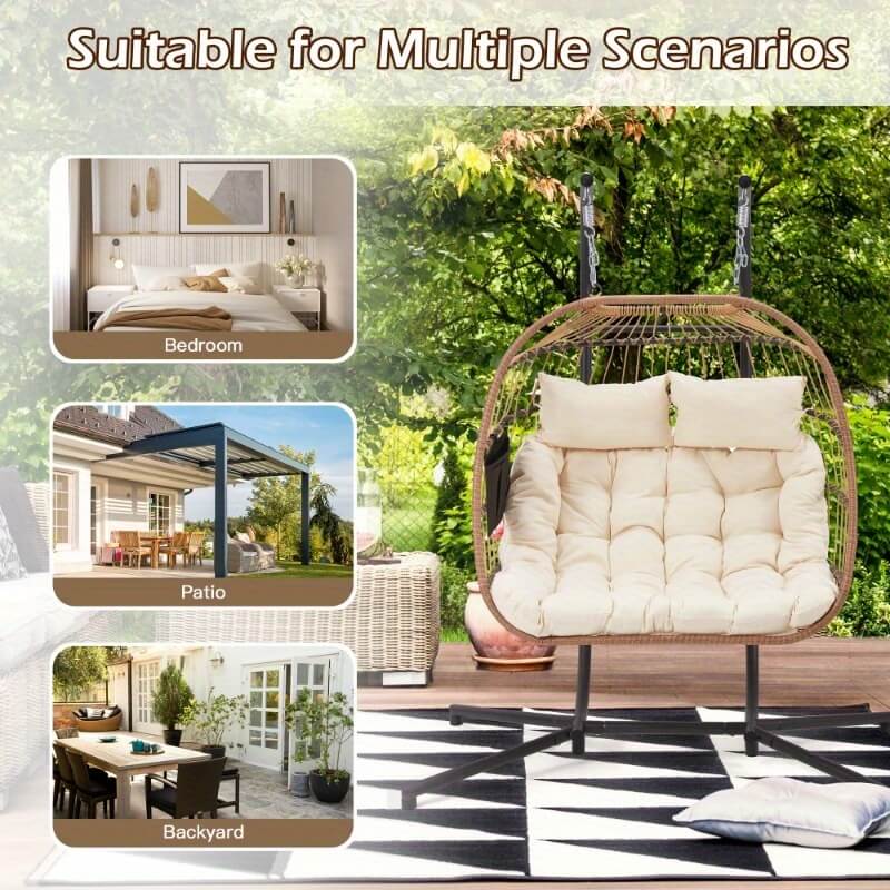 Outdoor hanging egg chair​
with white cushions in various settings including a bedroom, patio, and backyard.