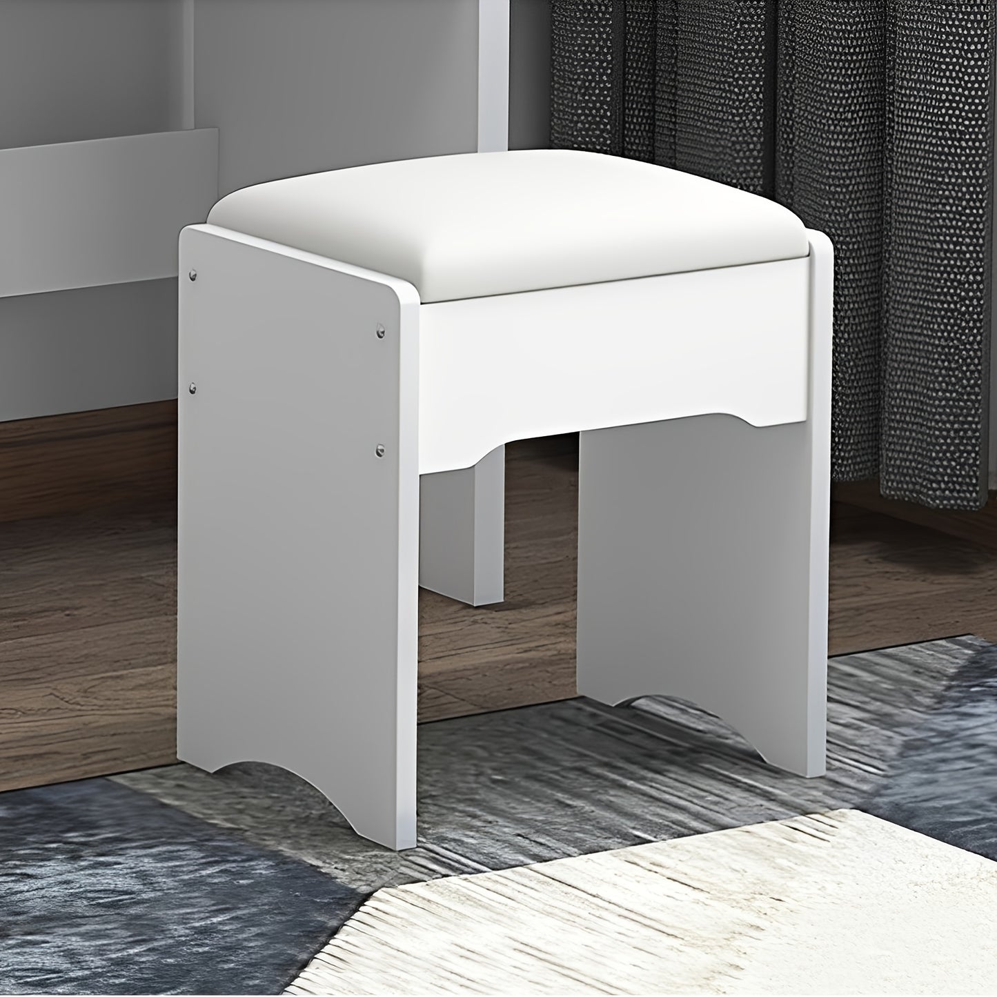 White stool with a cushioned seat in a room setting