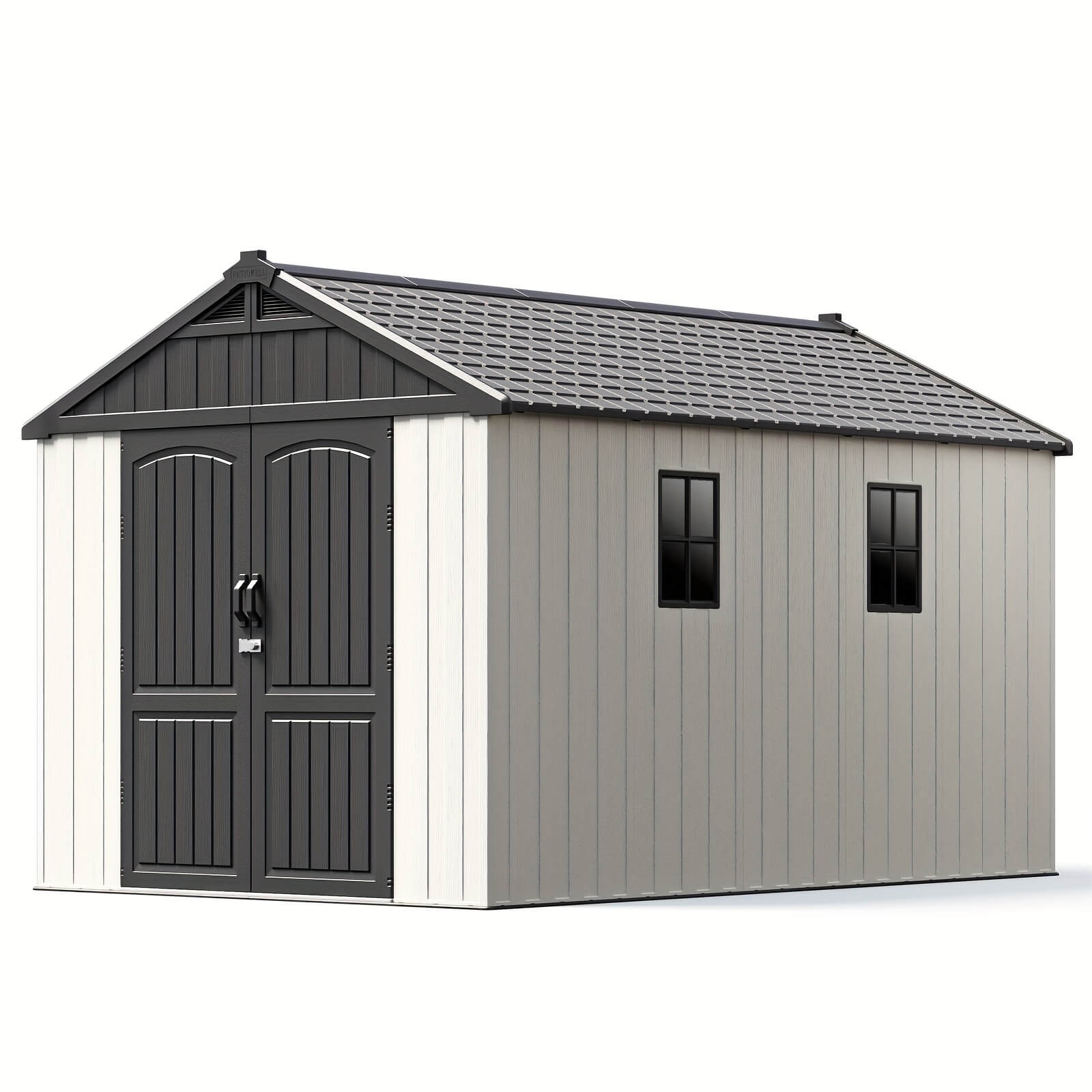 Resin outdoor storage shed with black doors and gray roof on a white background