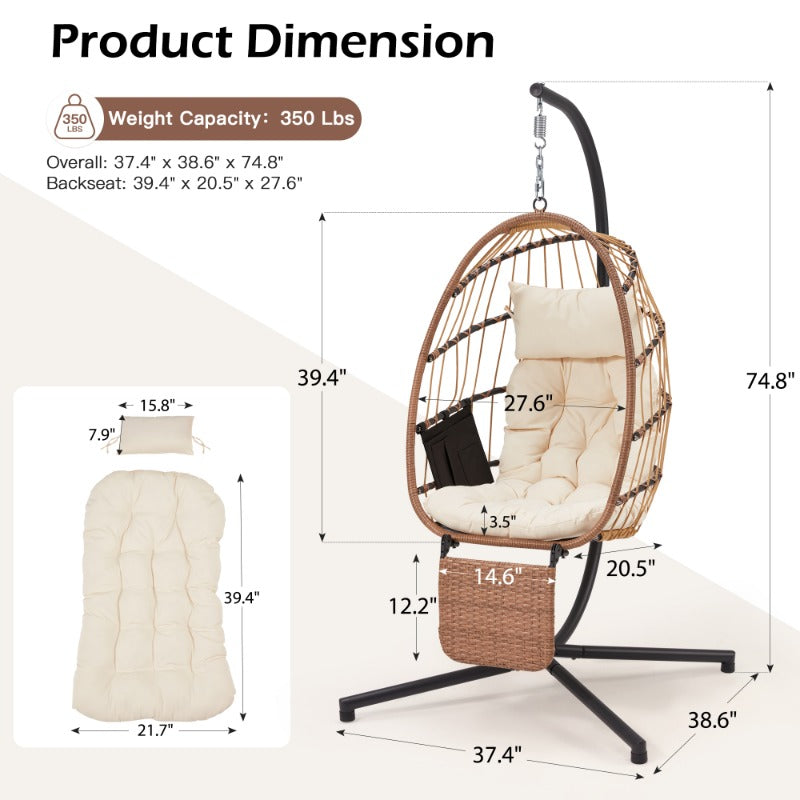 Hanging egg chair with dimensions and weight capacity displayed