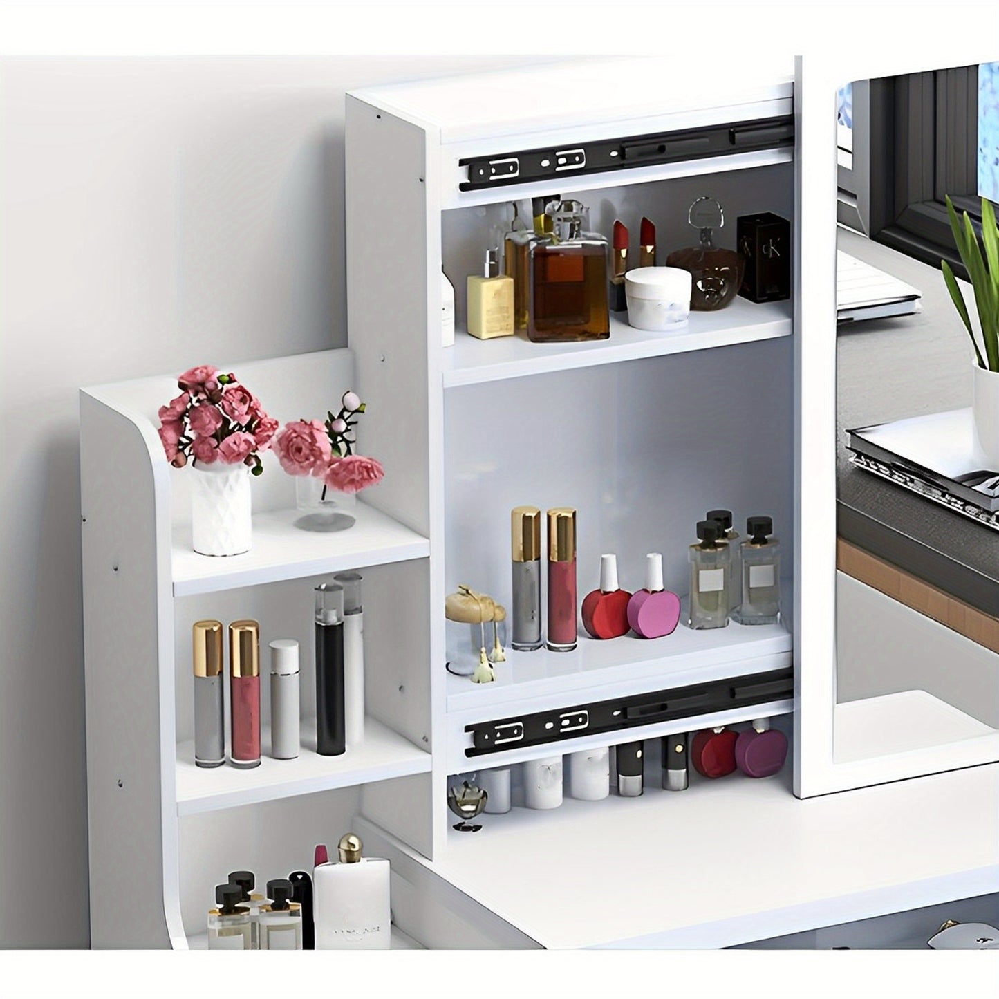 White makeup cabinet with various cosmetic products and a mirror.