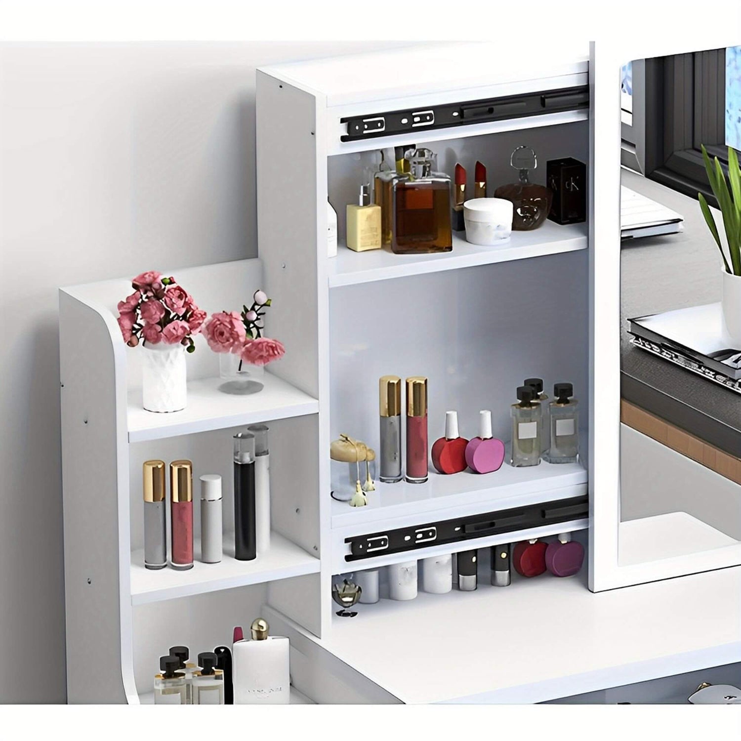 White white vanity desk set with various cosmetic products and a mirror on a white background