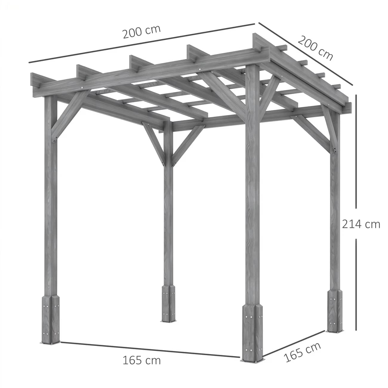 Wooden pergola with dimensions labeled on a white background
