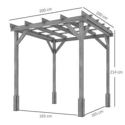 Wooden pergola with dimensions labeled on a white background