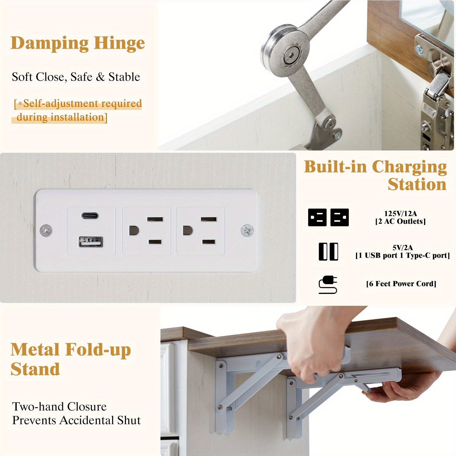 Product features of a Vanity set with lighted mirror including damping hinge, built-in charging station, and metal fold-up stand with text descriptions.