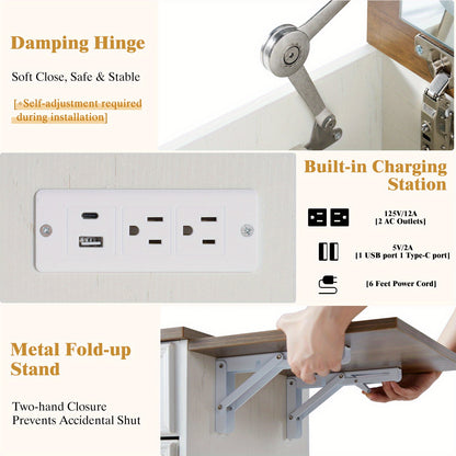 Product features of a Vanity set with lighted mirror including damping hinge, built-in charging station, and metal fold-up stand with text descriptions.