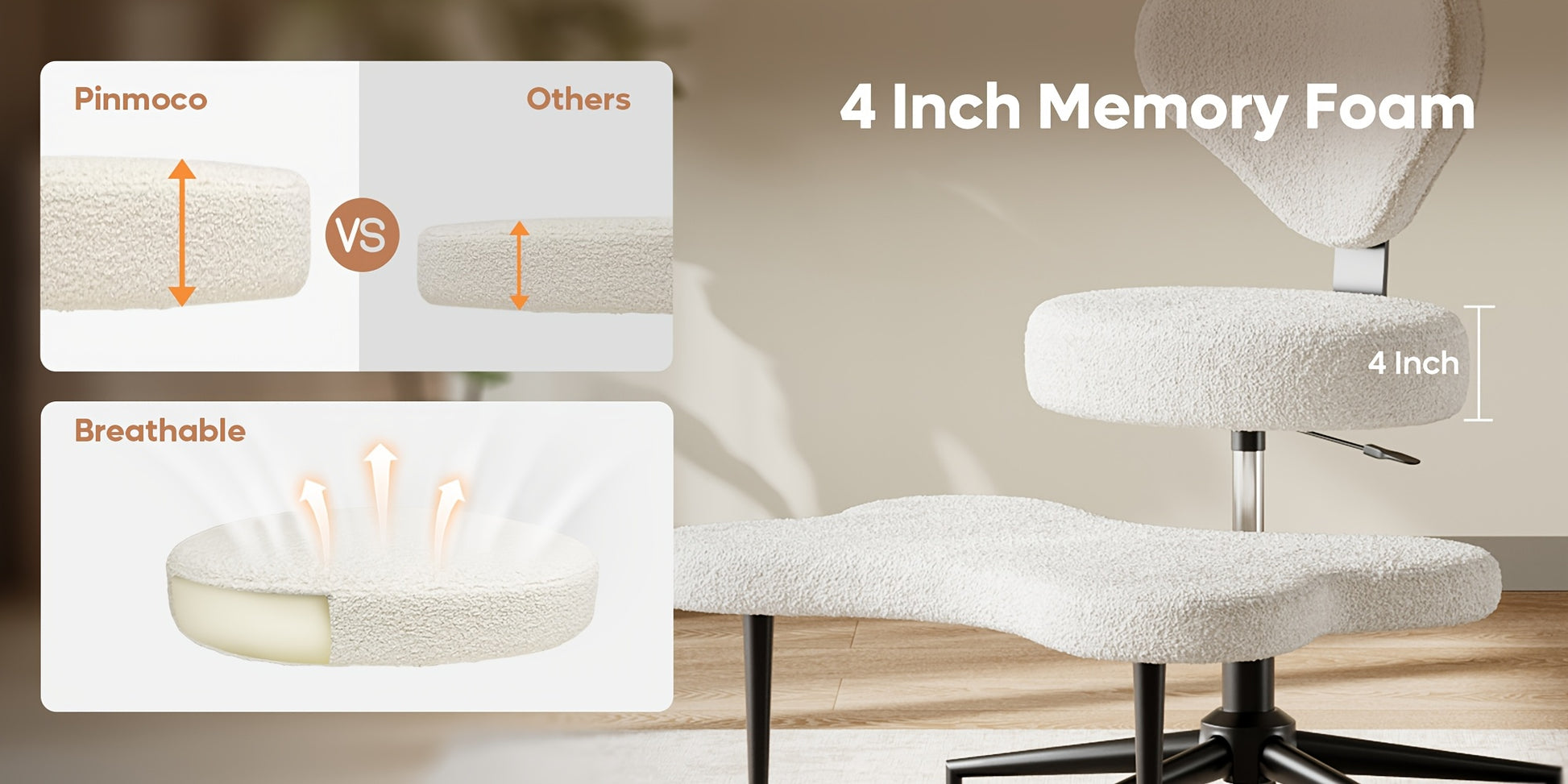 Chair with 4-inch memory foam cushion and comparison to other cushions.