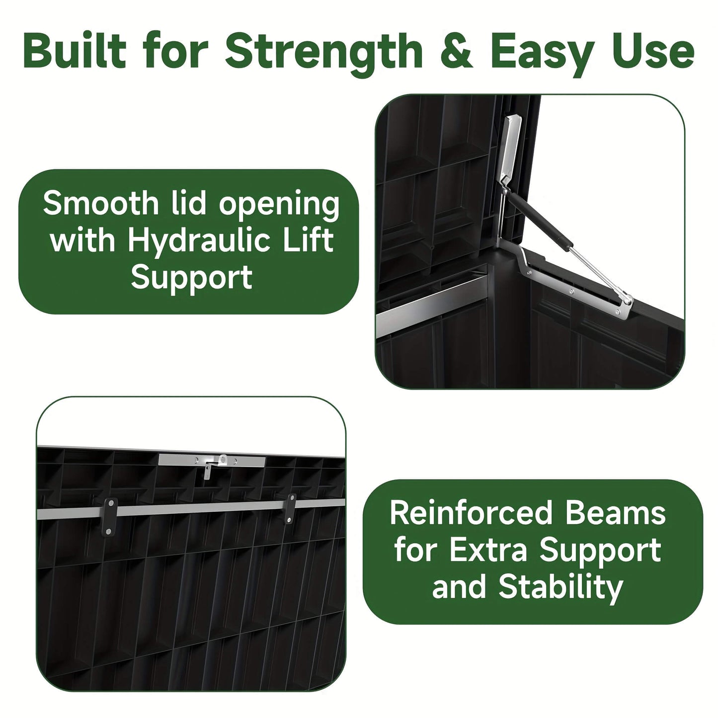Black outdoor storage box with hydraulic lift support and reinforced beams, labeled for strength and easy use.