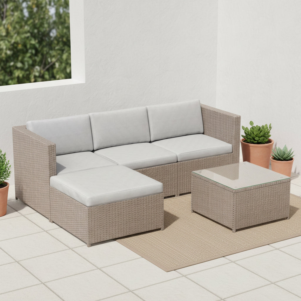 Outdoor furniture set with a sectional sofa and coffee table on a white background