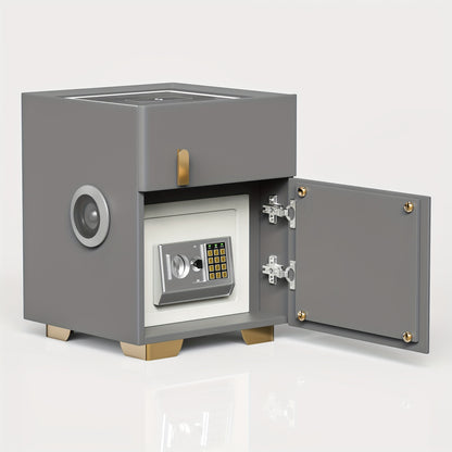 Gray modern nightstand with safe with open door on a white background