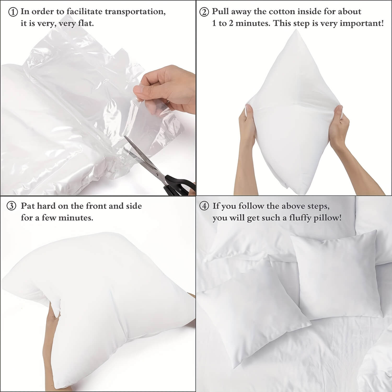 Step-by-step guide on how to make a fluffy pillow with text instructions.