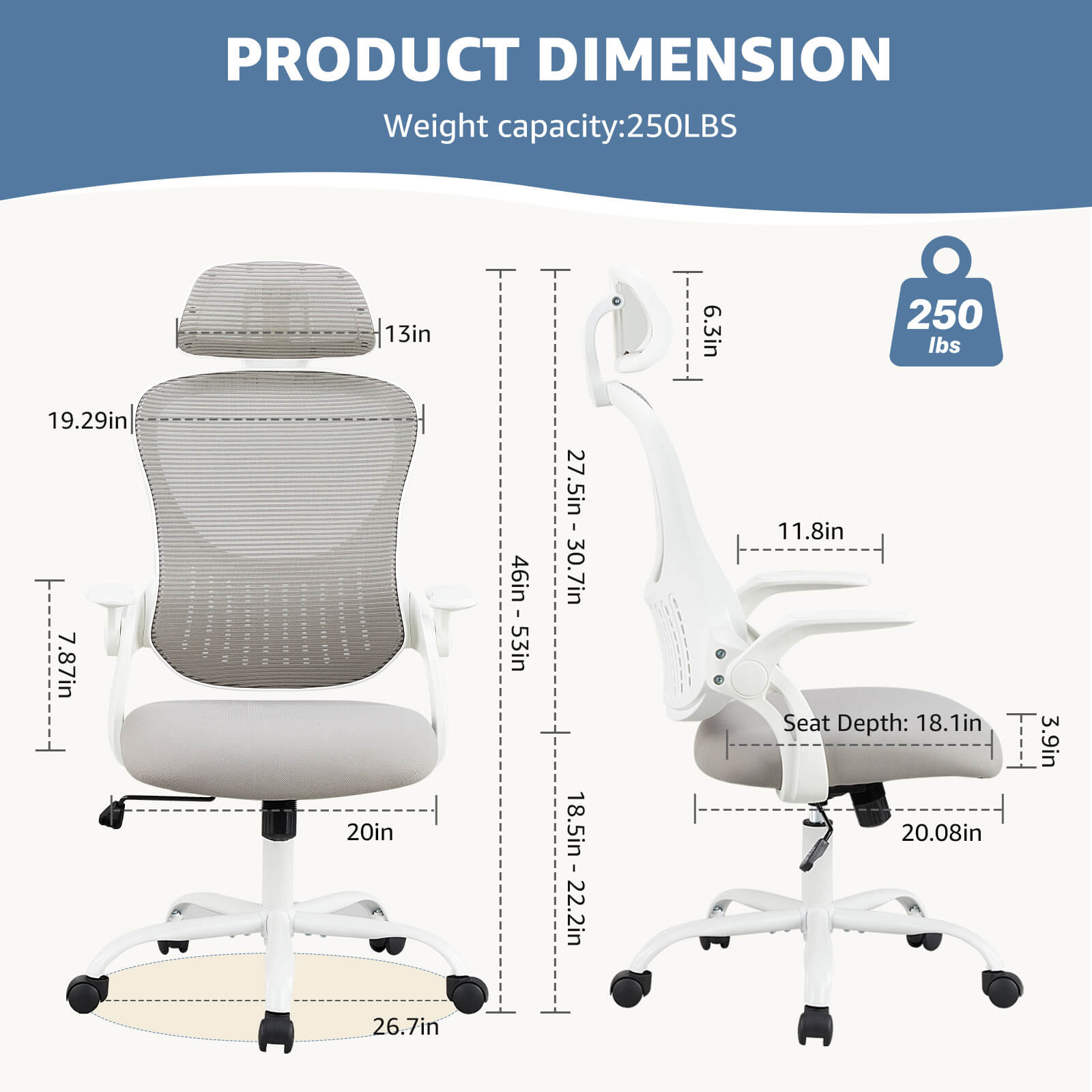 Dimension of a gray Mesh Back Office Desk Chair sold by WorkZen Interiors